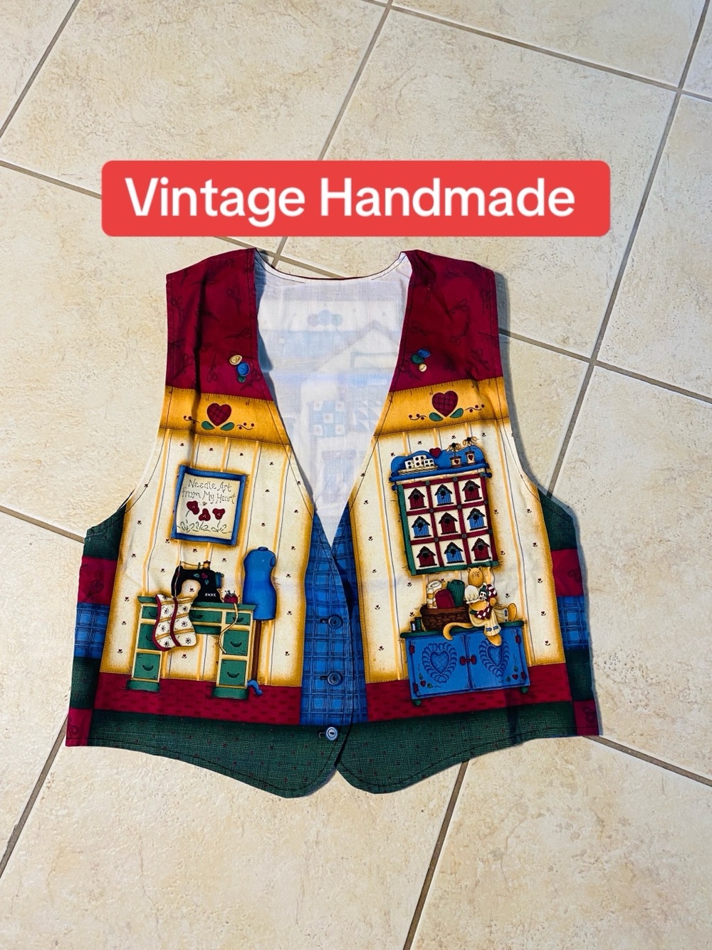 Vintage Seeing Theme Patchwork Vest in Red, Blue, Green, Yellow